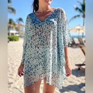 NYDJ Blue Leopard Print V-Neck Tunic Blouse Relaxed Fit Large